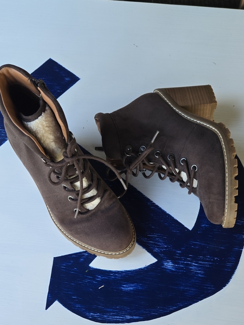 Universal Thread "Tipper" Block Heel Vegan Suede Ankle Boot With Sherpa Tongue